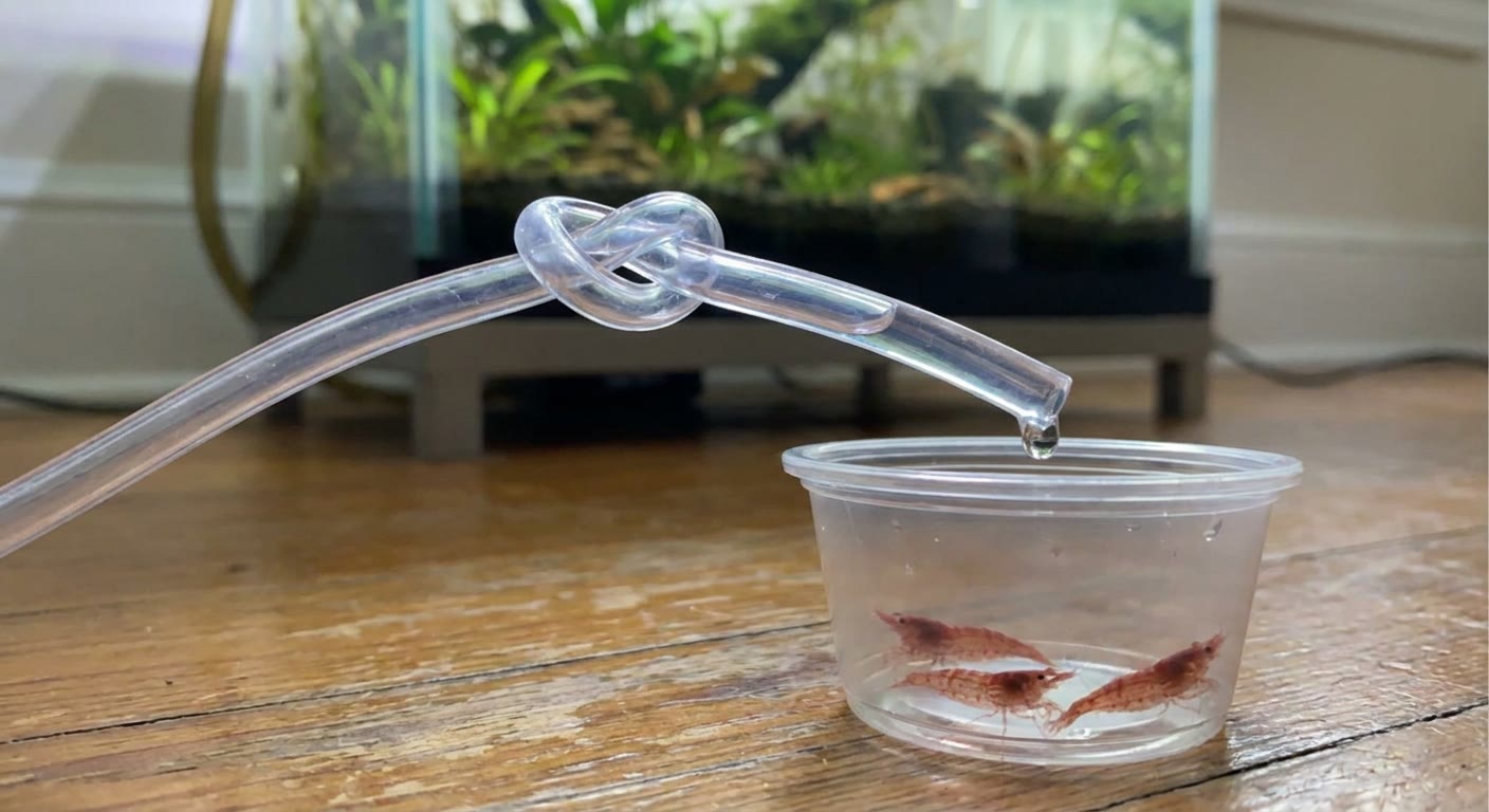 Airline tubing dripping tank water into a cup of shrimp