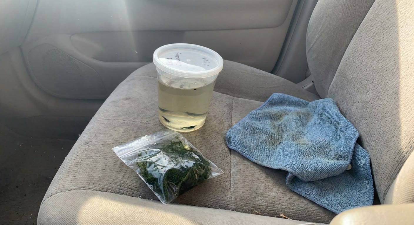 A lidded cup, a bag of moss and a towel on a car seat