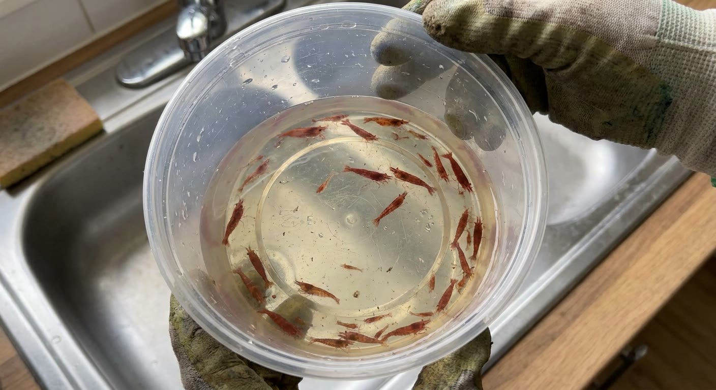 About fifteen cherry shrimp in a deli cup