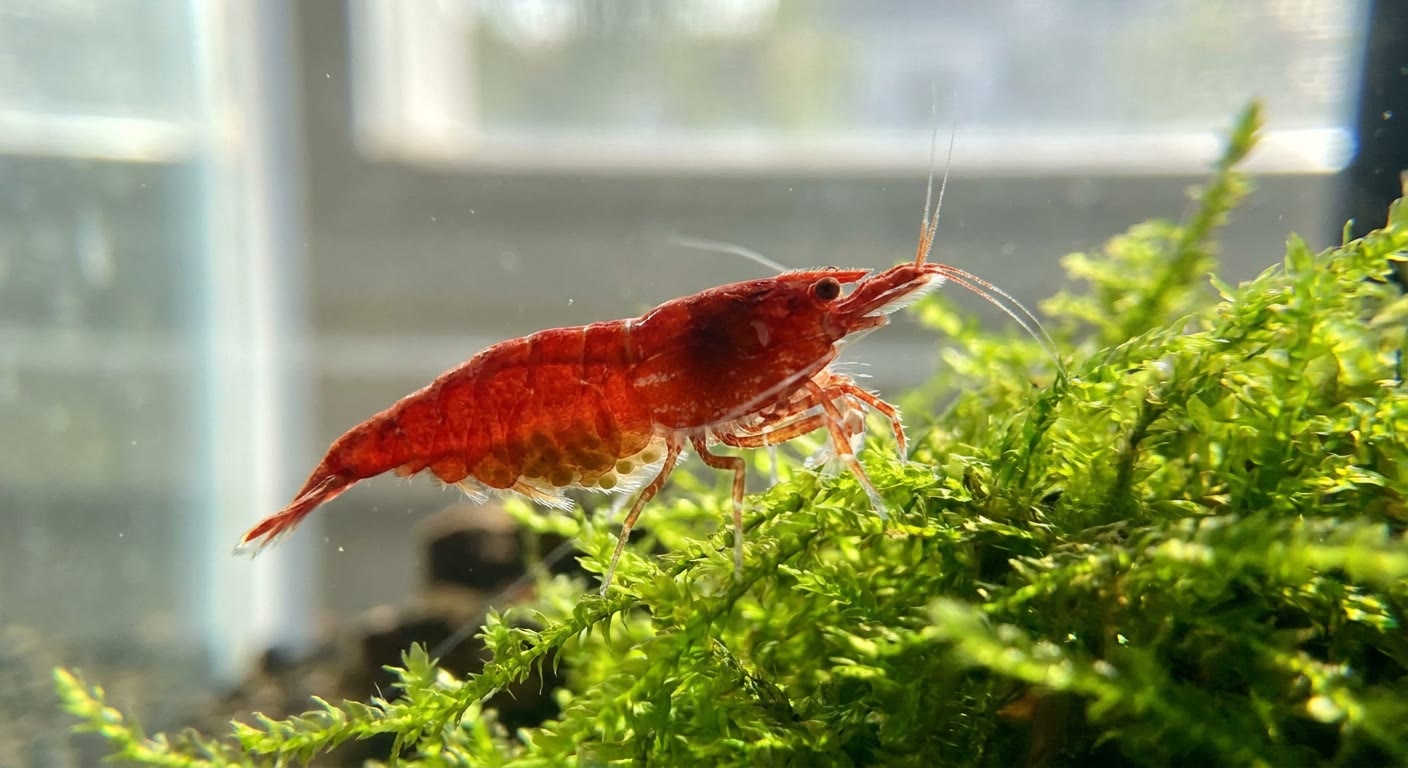 A fire-red cherry shrimp on java moss