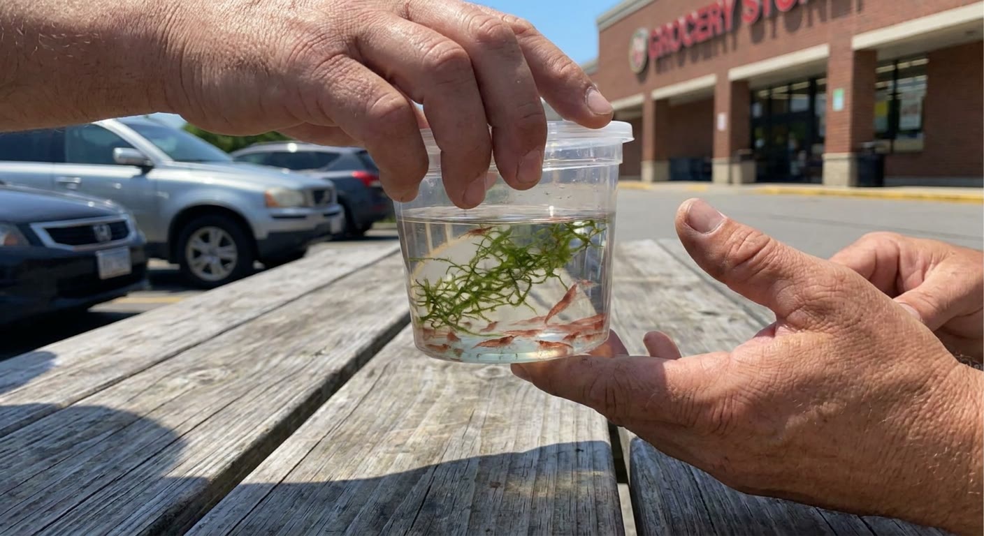 Handing over a cup of cherry shrimp in a parking lot